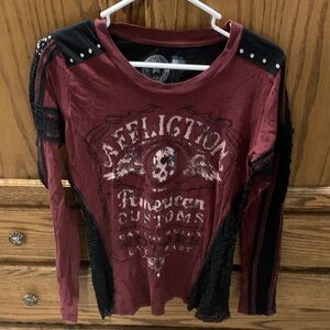 Affliction Maroon Graphic Long Sleeve with Black Lace